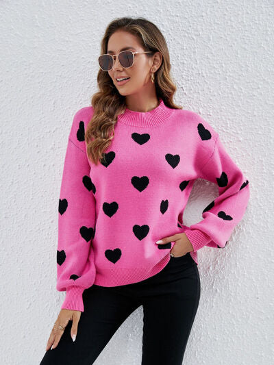 Heart Round Neck Dropped Shoulder Sweater