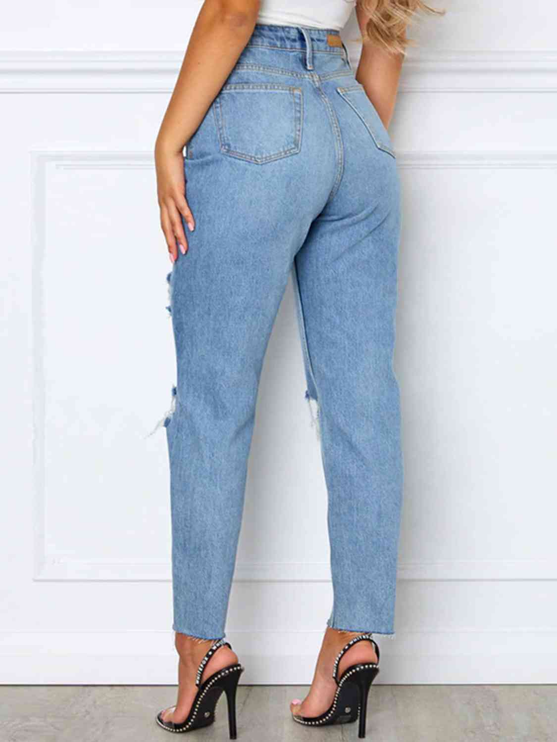 Distressed High Waist Straight Jeans