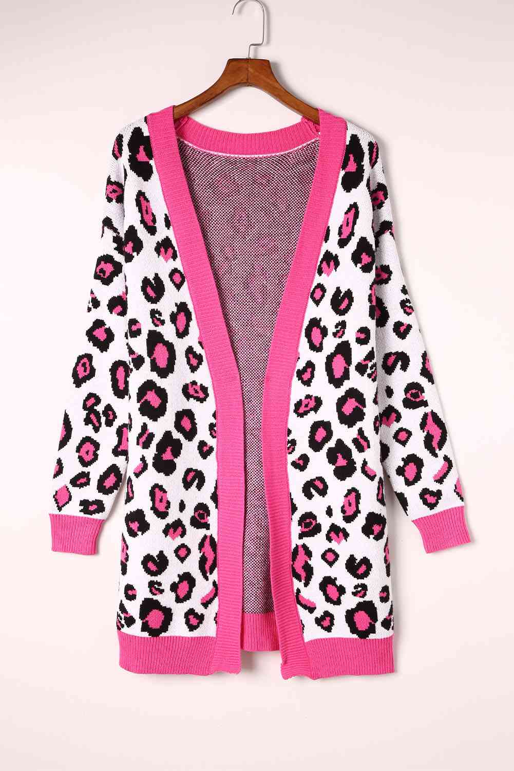 Leopard Contrast Trim Open Front Longline Cardigan