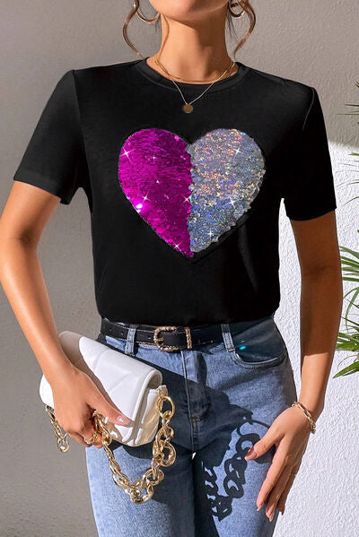 Heart Sequin Round Neck Short Sleeve T-Shirt