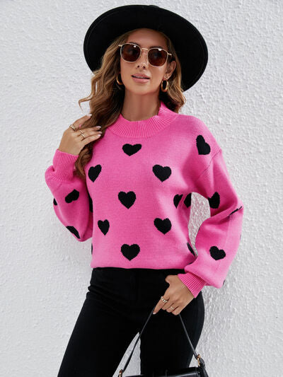 Heart Round Neck Dropped Shoulder Sweater