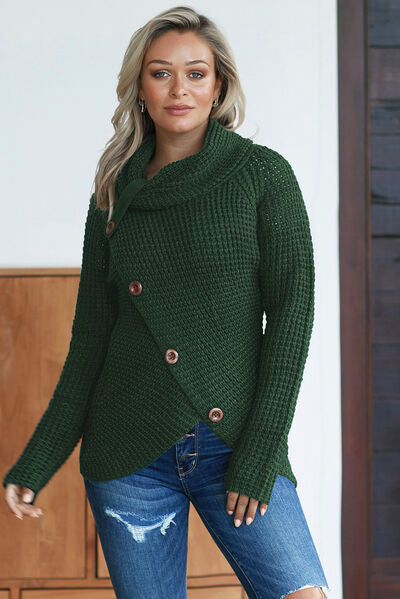 Decorative Button Mock Neck Sweater