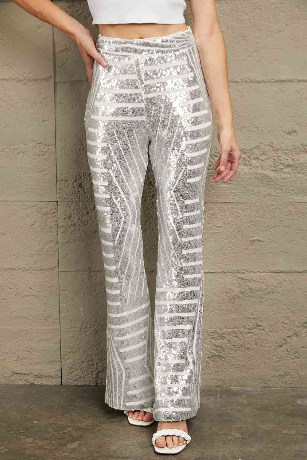 Double Take Sequin High Waist Flared Pants