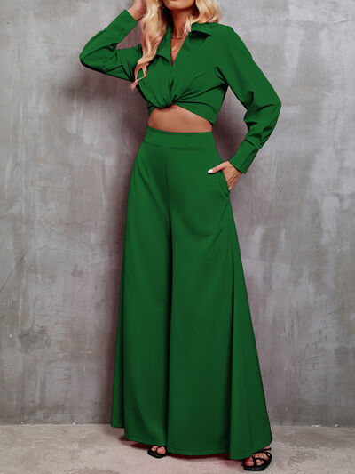 Collared Neck Long Sleeve Top and Wide Leg Pants Set