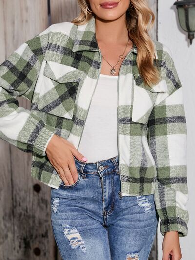 Plaid Zip Up Dropped Shoulder Jacket