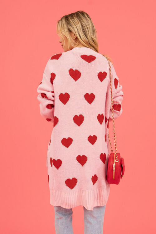 Heart Graphic Open Front Cardigan with Pockets