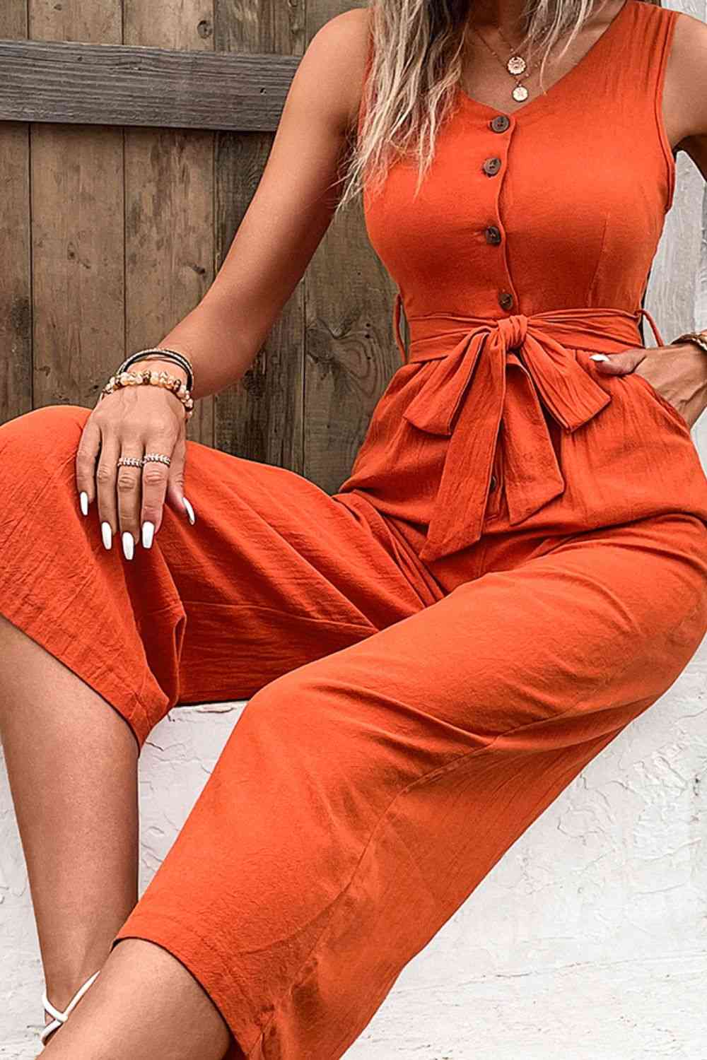 Tie Belt Sleeveless Jumpsuit with Pockets