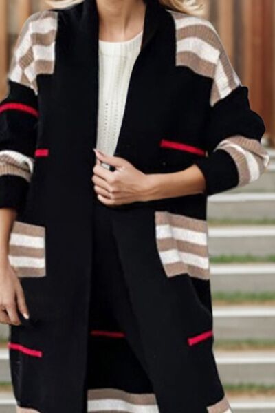 Striped Open Front Long Sleeve Longline Sweater Cardigan