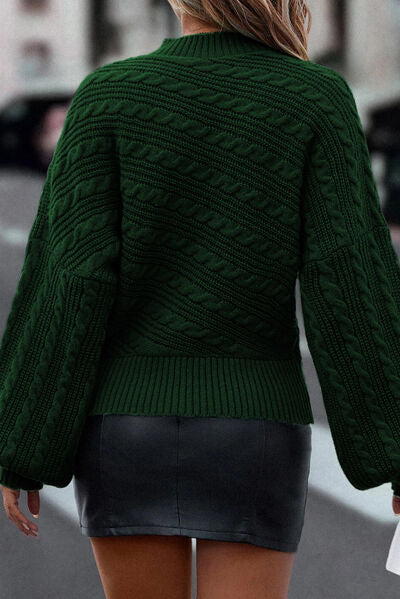 Cable-Knit Mock Neck Dropped Shoulder Sweater