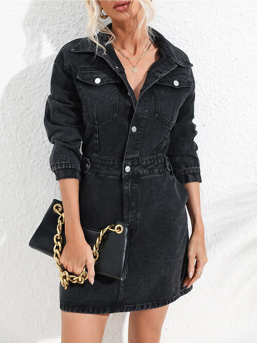 Buttoned Collared Neck Denim Mini Dress