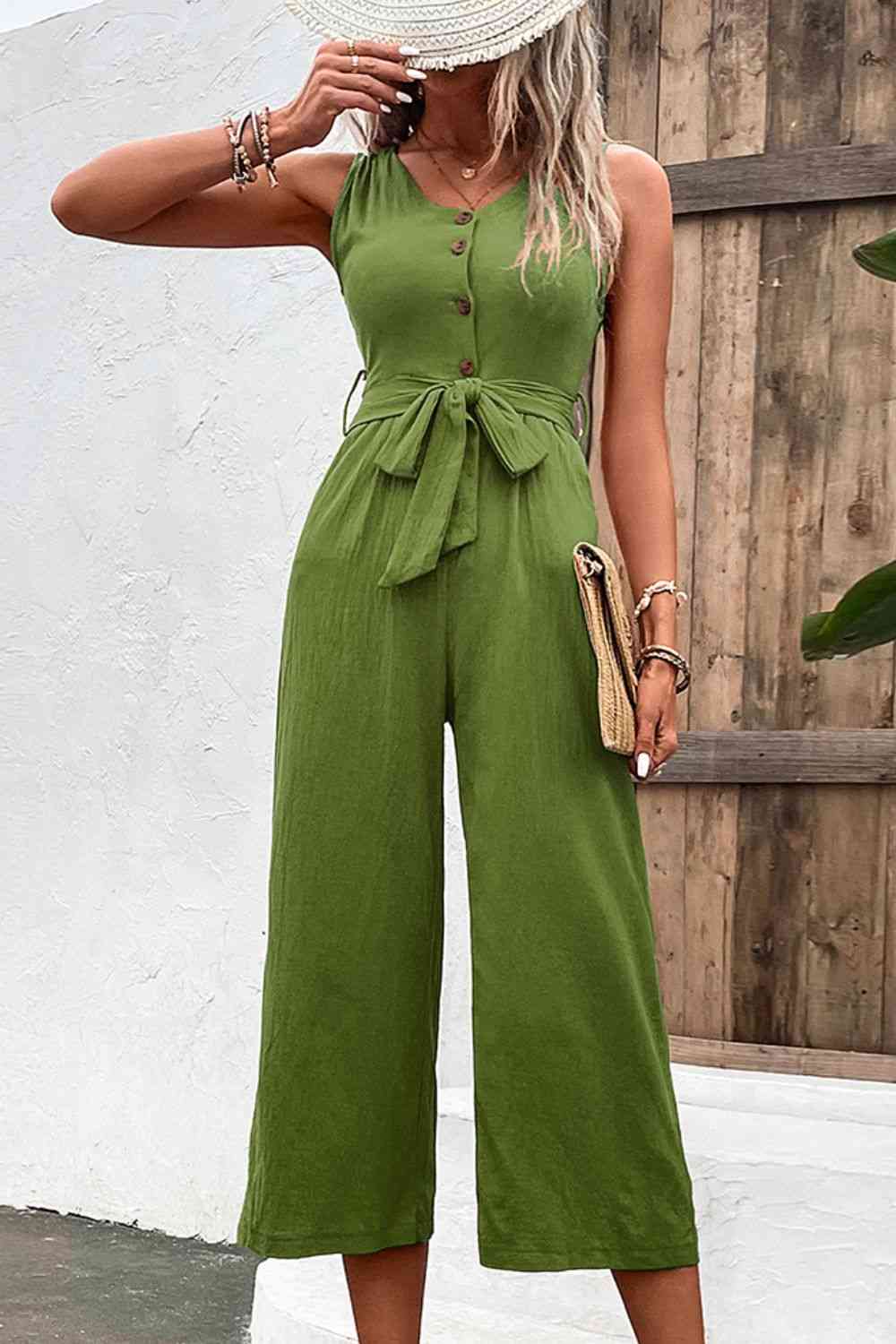 Tie Belt Sleeveless Jumpsuit with Pockets