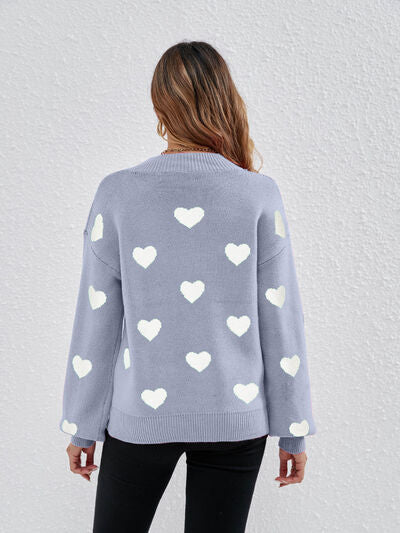 Heart Round Neck Dropped Shoulder Sweater