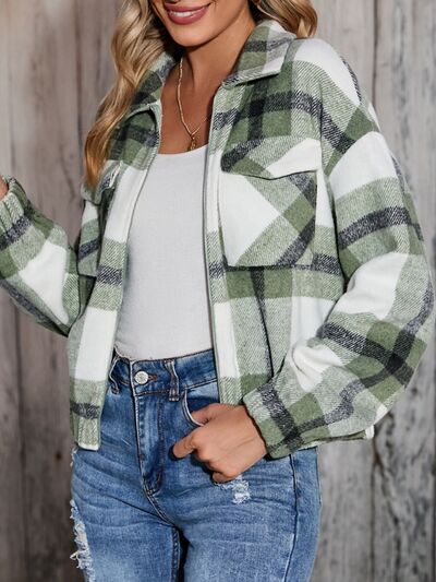 Plaid Zip Up Dropped Shoulder Jacket