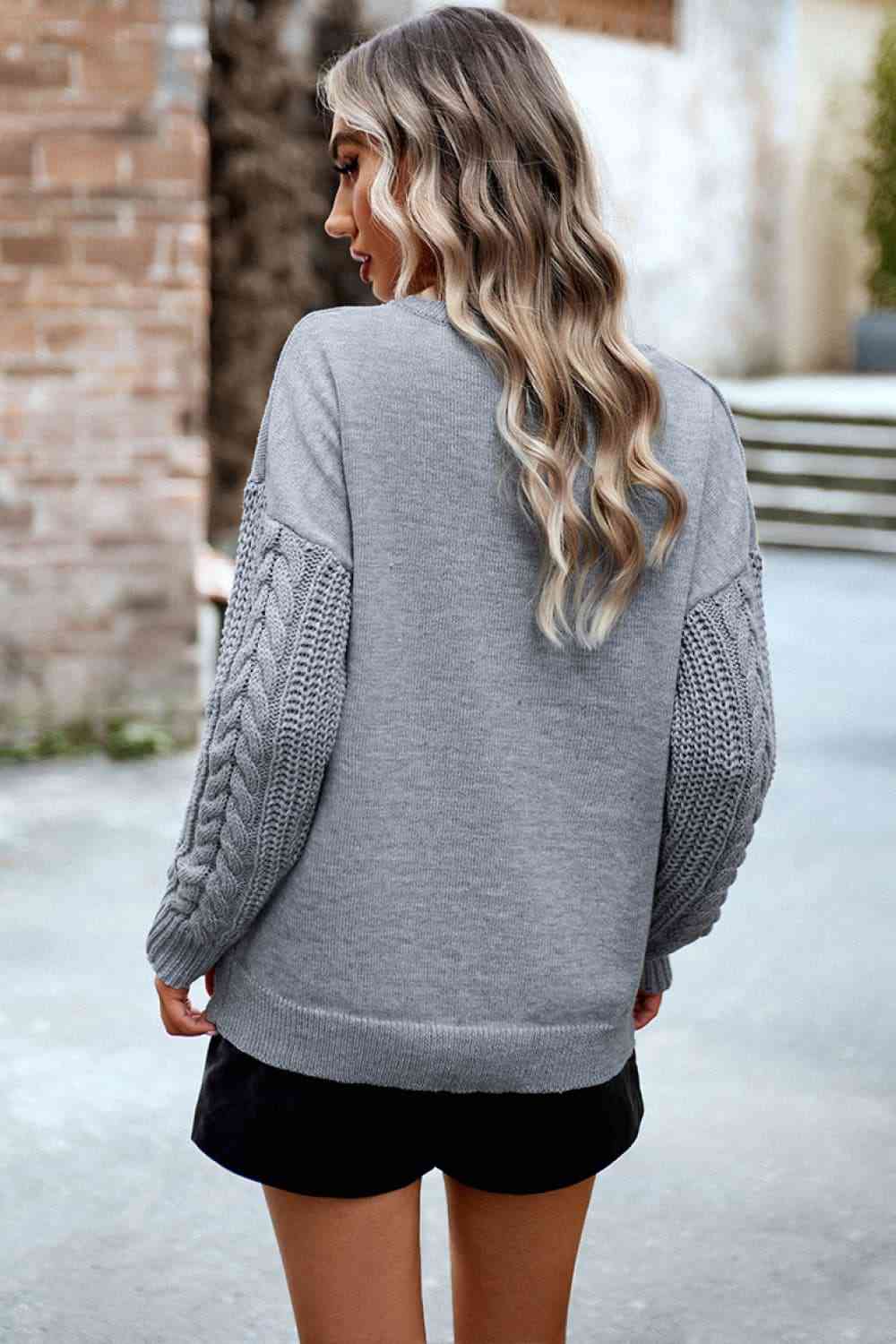 Cable-Knit Round Neck Drop Shoulder Sweater