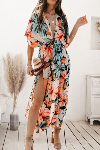 Plunge Split Printed Short Sleeve Dress