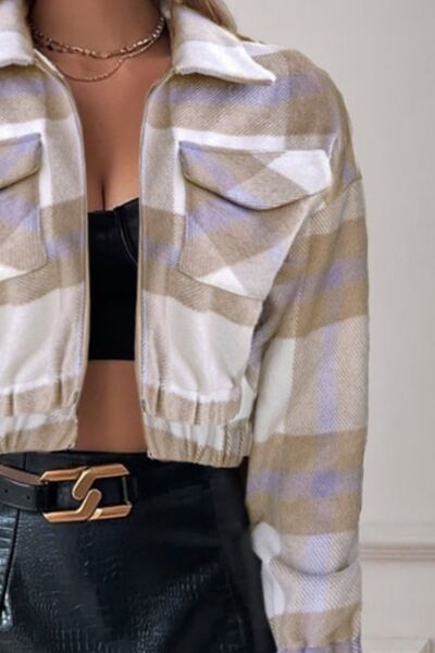 Plaid Zip Up Dropped Shoulder Jacket